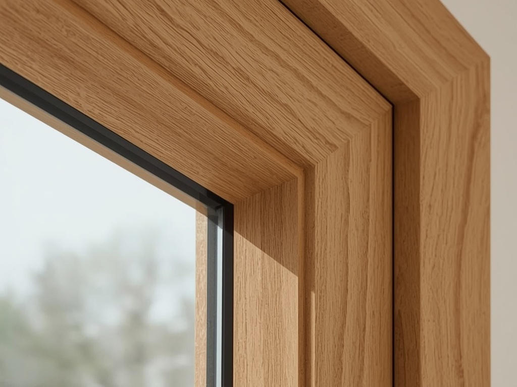 close-up van goudbeige houtnerf kunststof kozijnprofiel met isolatieglas in woning in Loenen aan de Vecht