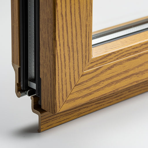 close-up van goudbeige houtnerf kunststof kozijnprofiel met zichtbaar isolatieglas in Blaricum