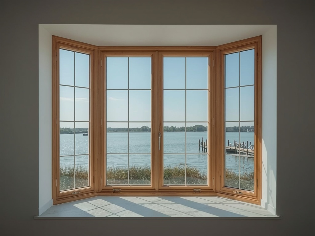 uitzicht vanuit woning in Gooise Meren door houtnerf kunststof kozijn richting Gooimeer