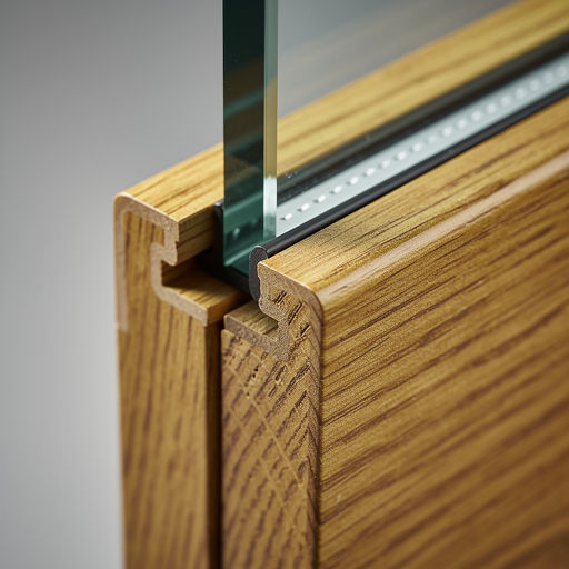 close-up van goudbeige houtnerf kunststof kozijnprofiel met glas zichtbaar in Hilversum
