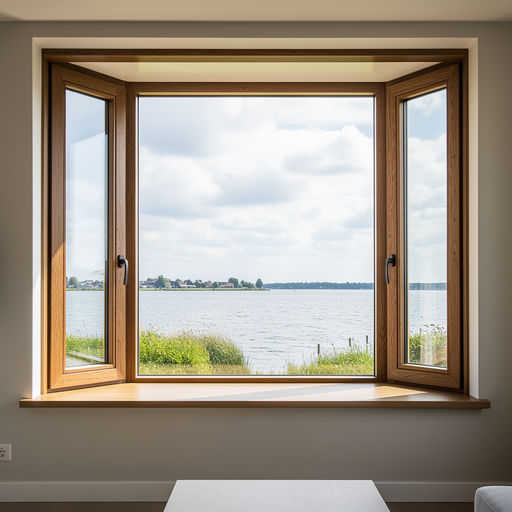 uitzicht vanuit woning in Muiden door houtnerf kunststof kozijn richting het water