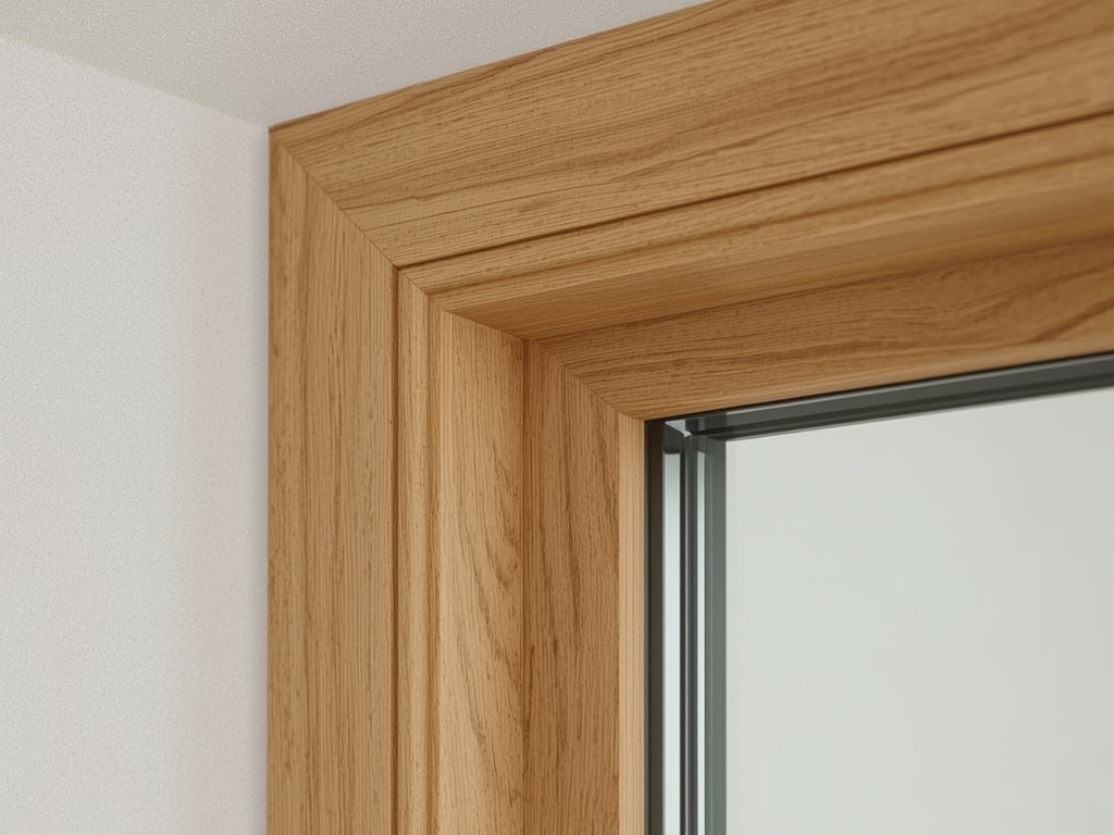 close-up van goudbeige houtnerf kunststof kozijnprofiel met HR++ glas in woning in Muiderberg