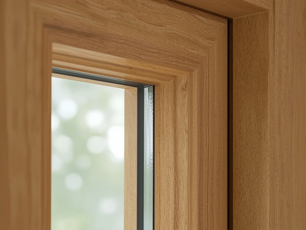 close-up van goudbeige houtnerf kunststof kozijnprofiel met isolatieglas in woning in Vreeland
