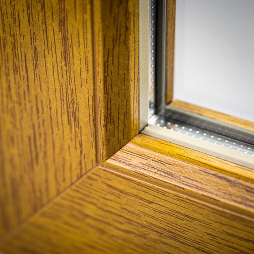 close-up van goudbeige houtnerf kunststof kozijnprofiel met isolatieglas in Abcoude