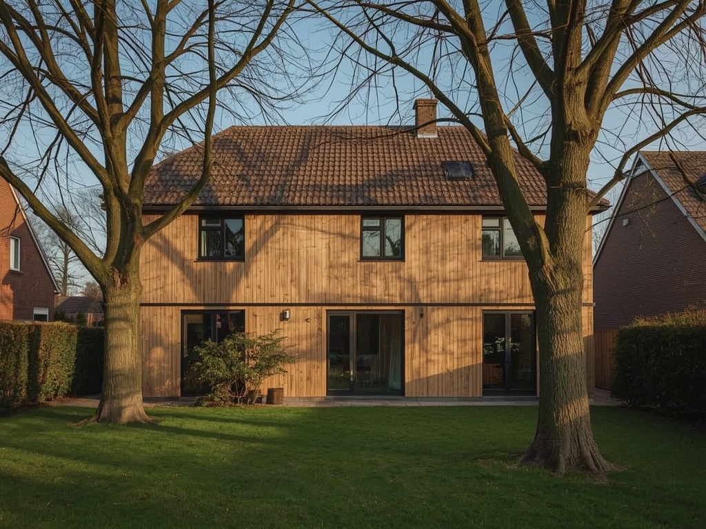 vrijstaand dijklintpand in Ankeveen met houtnerf kunststof kozijnen en groene tuin aan waterzijde