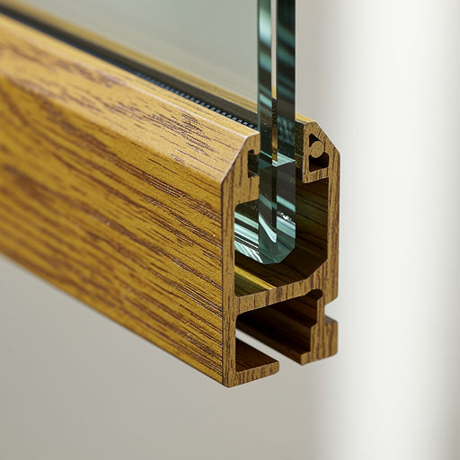 detail van goudbeige houtnerf kunststof kozijnprofiel met isolatieglas in Kortenhoef