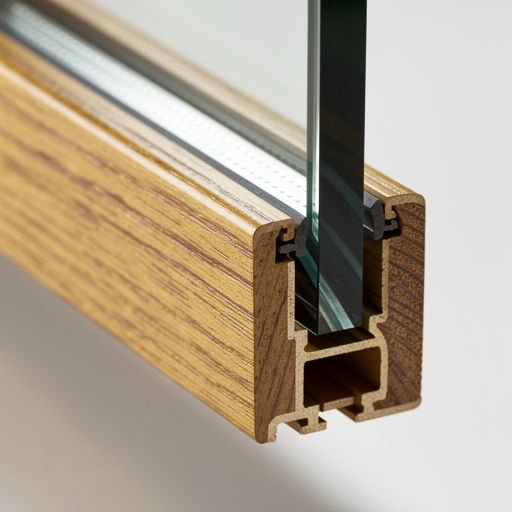 close-up van goudbeige houtnerf kunststof kozijnprofiel met isolatieglas in Naarden
