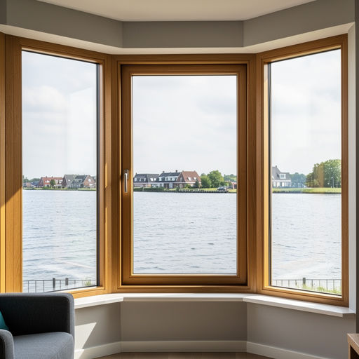 uitzicht vanuit woning in Ouderkerk aan de Amstel door houtnerf kunststof kozijn richting de Amstel