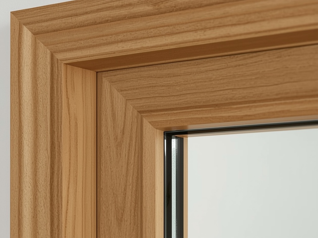 close-up van goudbeige houtnerf kunststof kozijnprofiel met glas zichtbaar in een woning in Baarn