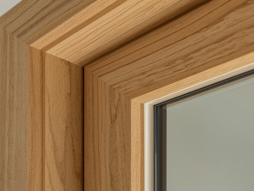 close-up van goudbeige houtnerf kunststof kozijnprofiel met dubbel glas in Loosdrecht