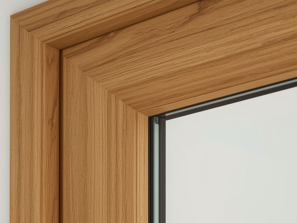 detail van goudbeige houtnerf kunststof kozijnprofiel met zichtbaar isolatieglas in Muiden