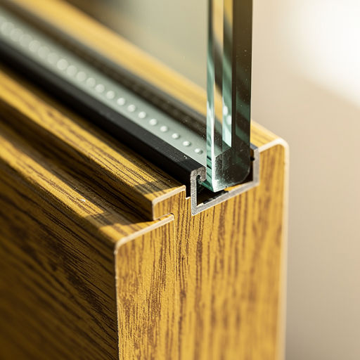 close-up van goudbeige houtnerf kunststof kozijnprofiel met glas zichtbaar in woning in Gooise Meren
