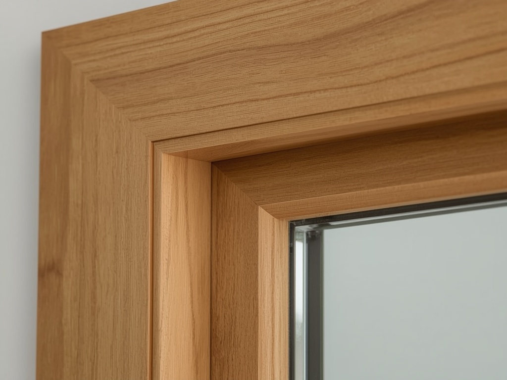 close-up van goudbeige houtnerf kunststof kozijnprofiel met zichtbaar isolatieglas