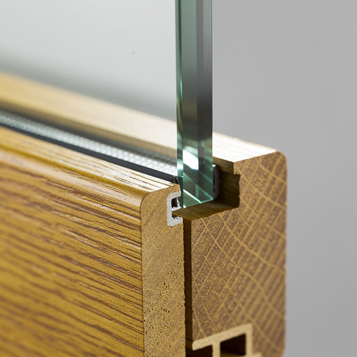 close-up van goudbeige houtnerf kunststof kozijnprofiel met glas zichtbaar