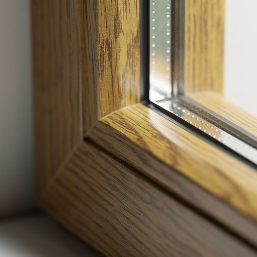 detail goudbruin houtnerf kunststof kozijnprofiel met helder glas