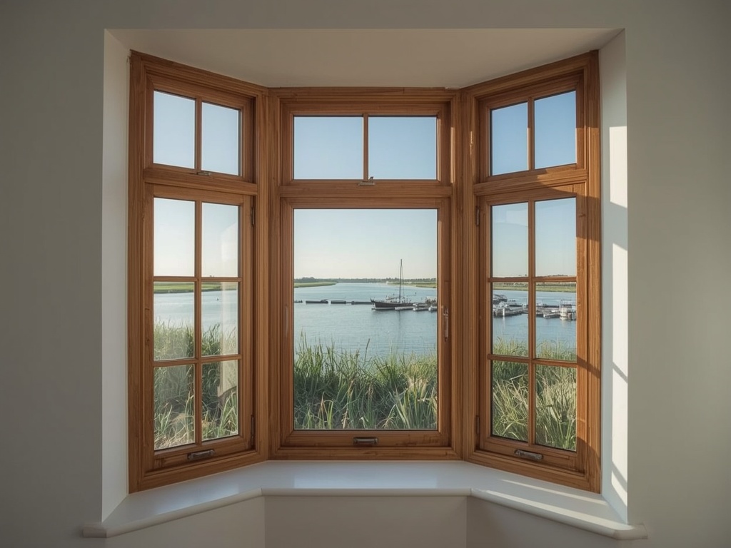 uitzicht vanuit woning in Almere door houtnerf kunststof kozijn richting waterpartij