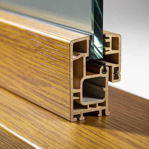 close-up van goudbeige houtnerf kunststof kozijnprofiel met glas zichtbaar in een woning in Diemen