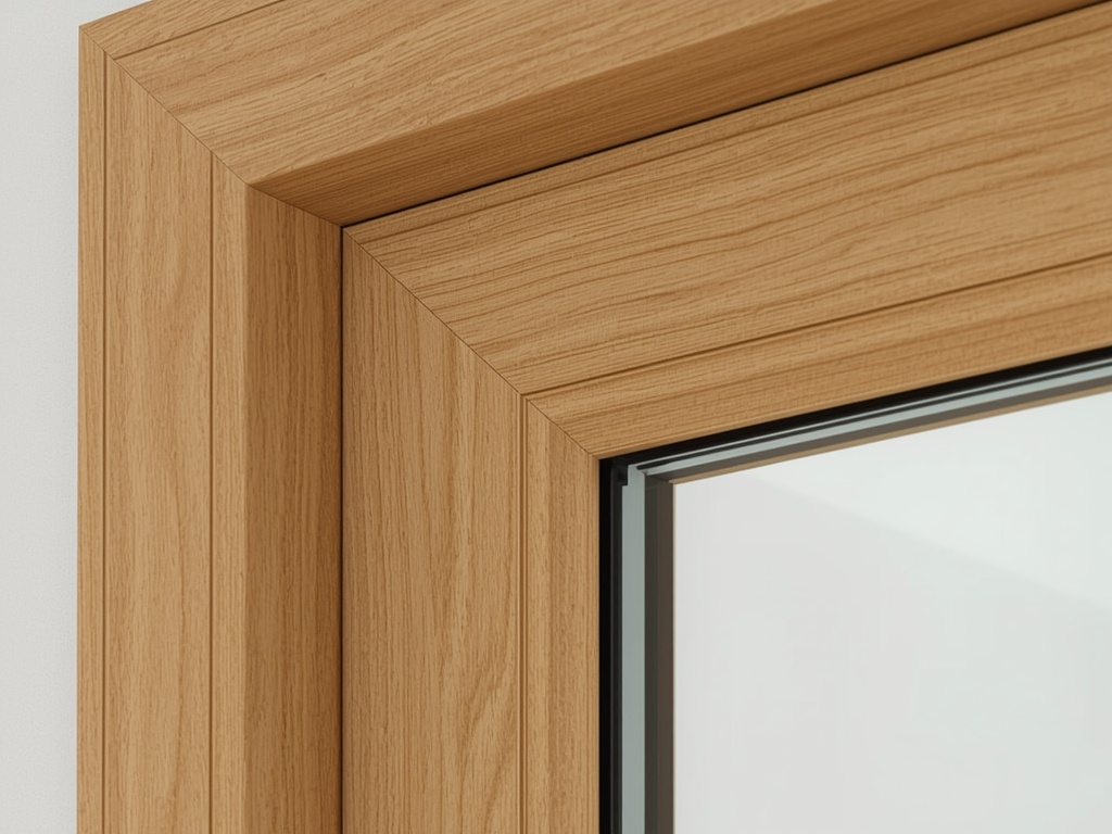 detail van goudbeige houtnerf kunststof kozijnprofiel met zicht op het isolatieglas