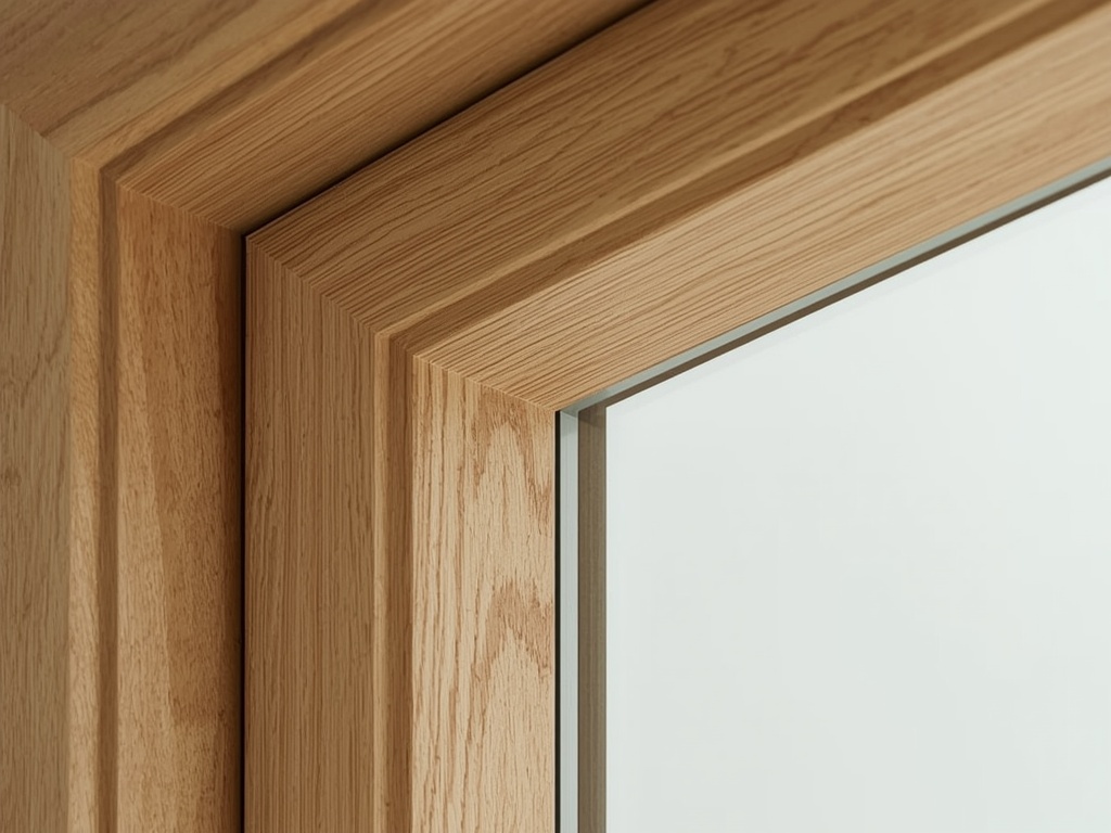 close-up van goudbeige houtnerf kunststof kozijnprofiel met zichtbaar isolatieglas in Bussum
