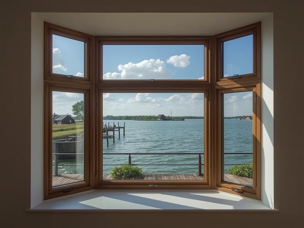 uitzicht vanuit woning in Hilversum door houtnerf kunststof kozijn richting groen en water