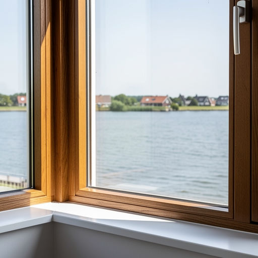 uitzicht vanuit woning in Weesp door houtnerf kunststof kozijn richting water en groen