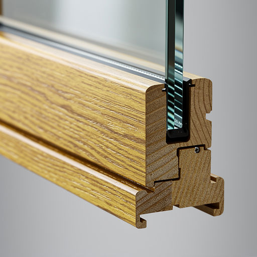 close-up van goudbeige houtnerf kunststof kozijnprofiel met glas zichtbaar