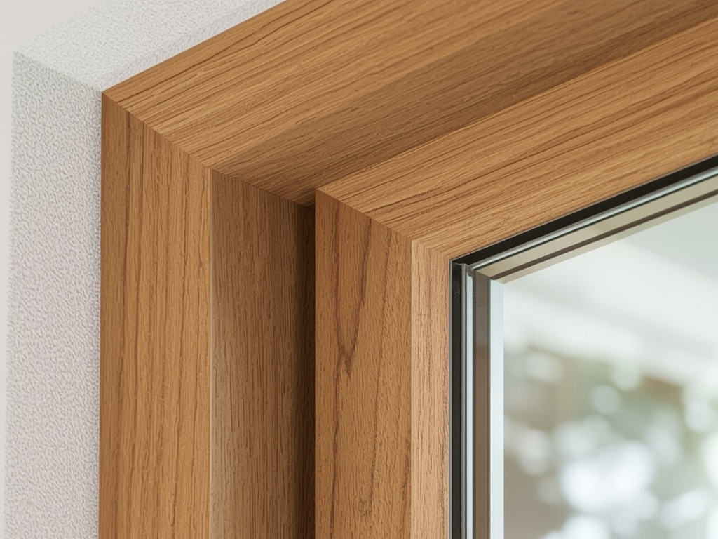 close-up van goudbeige houtnerf kunststof kozijnprofiel met isolatieglas in woning in Soest