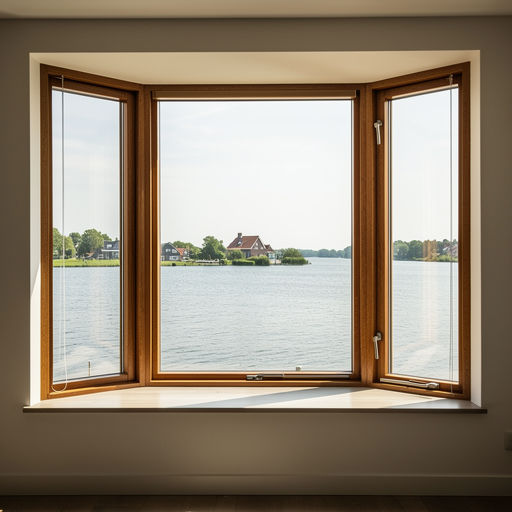 uitzicht vanuit woning in Naarden door houtnerf kunststof kozijn richting het water