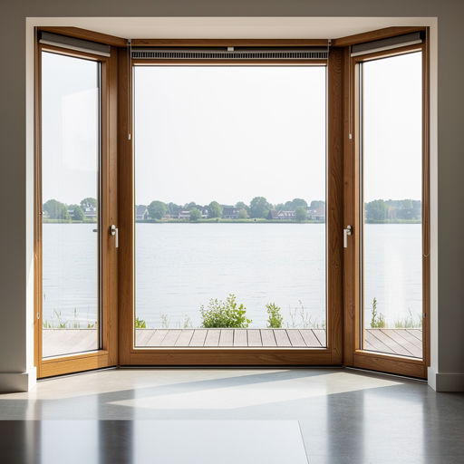uitzicht vanuit een woning in Bussum door een houtnerf kunststof kozijn richting groen en water