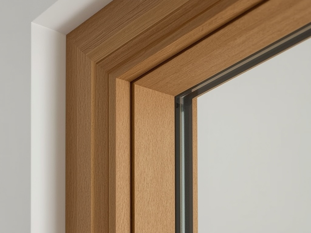 close-up van goudbeige houtnerf kunststof kozijnprofiel met isolatieglas in Eemnes