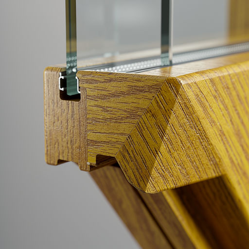 detail van goudbeige houtnerf kunststof kozijnprofiel in woning in Weesp met glas zichtbaar