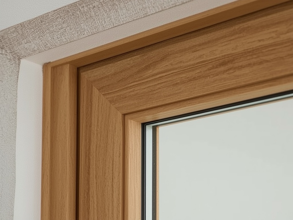 detail van goudbeige houtnerf kunststof kozijnprofiel met dubbel glas in Breukelen