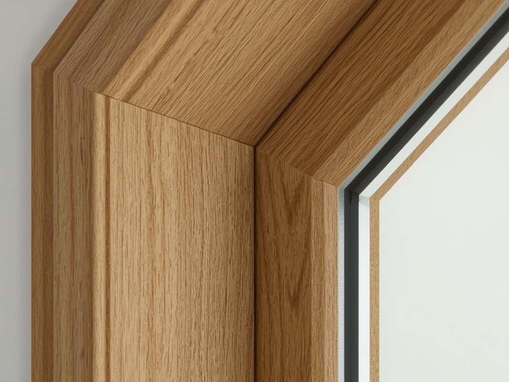 detail van goudbeige houtnerf kunststof kozijnprofiel met glas in een woning in Nederhorst den Berg