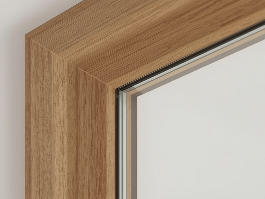 Detailopname van een goudbeige houtnerf kunststof kozijnprofiel met helder glas in Huizen
