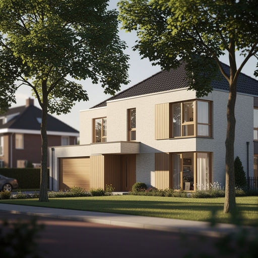 Vrijstaande woning in Huizen met prachtige houtnerf kunststof kozijnen en een weelderige voortuin met volwassen beplanting