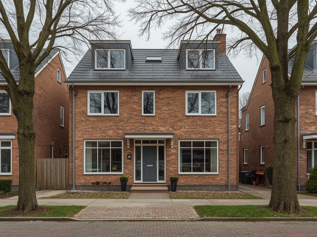 Twee-onder-een-kapwoning in Huizen voorzien van stijlvolle antracietgrijze kunststof kozijnen en een bijpassende voordeur