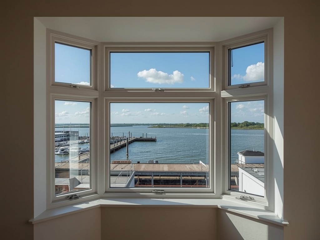 Panoramisch uitzicht vanuit een woning in Huizen door een houtnerf kunststof kozijn richting het water van het Gooimeer