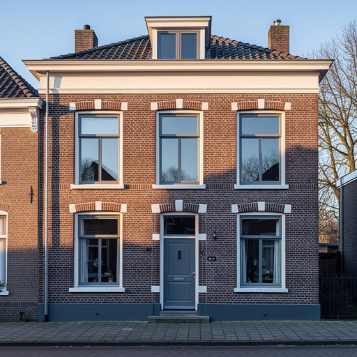 Kunststof kozijnen aan de voorgevel van een rijtjeshuis in Huizen