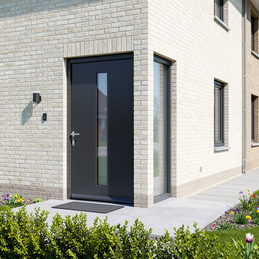 Kunststof voordeur aan de voorgevel van een woning in Huizen